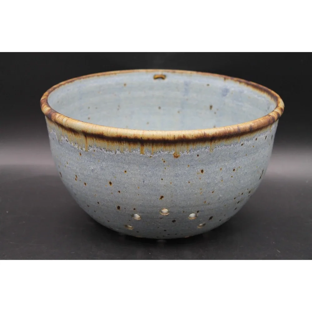 Signed Studio Pottery Berry Bowl Colander Blue Speckled Glaze 9.5in Handmade